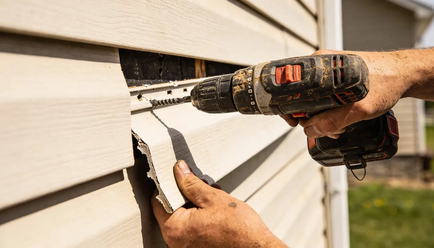 Damaged siding board being removed, exposing the wall behind it